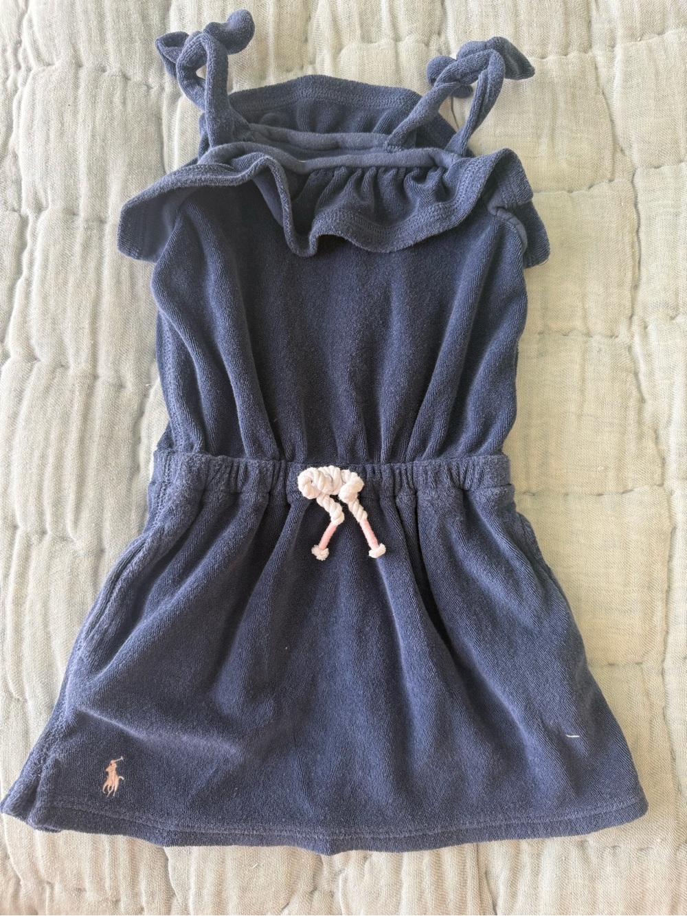 Ralph Lauren Navy Blue Kids Terry Swim Coverup with Pink Tie